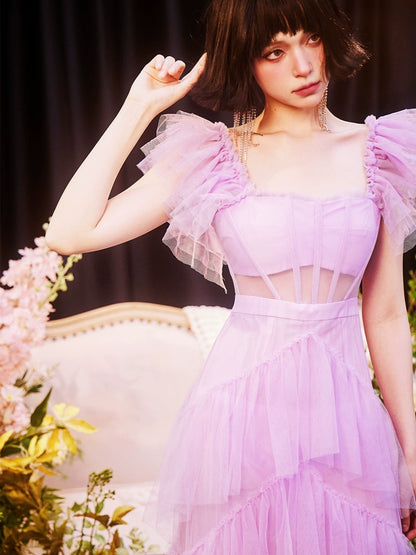 DOLLY High End Square Collar Short Ruffle Sleeves High Waist French Style Dress-MARIANA