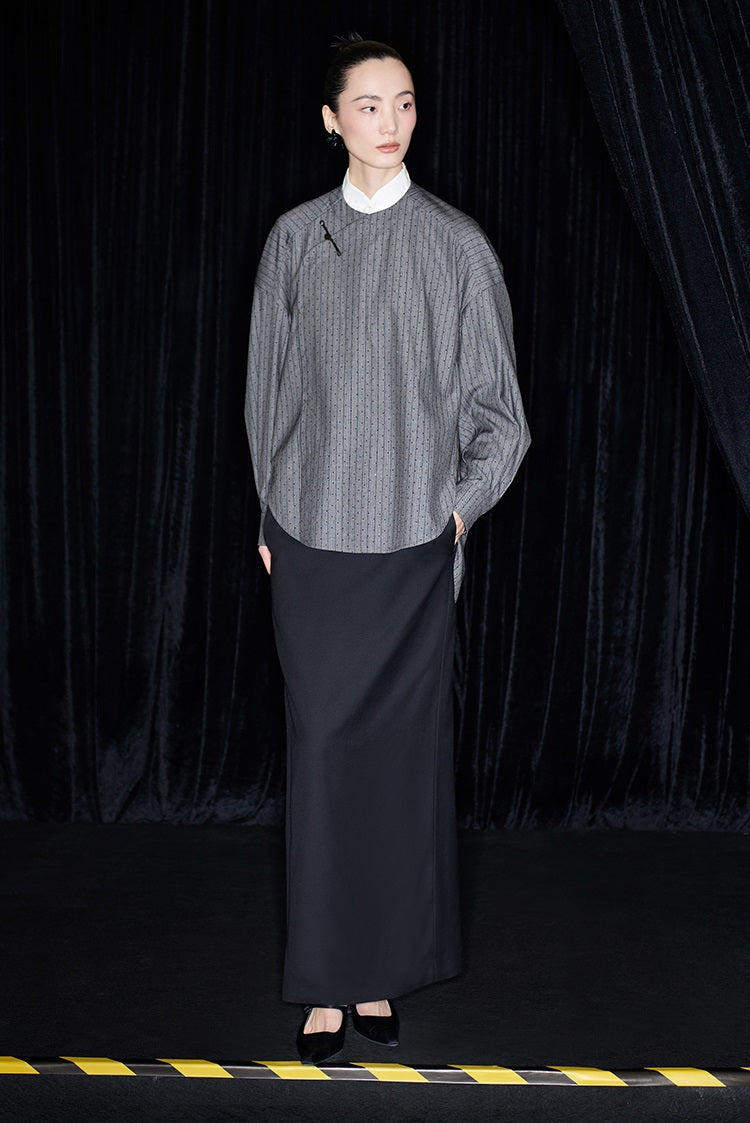 M essential Mackay designer sand diamond grey stripe diamond buckle silhouette shirt - ESHE .