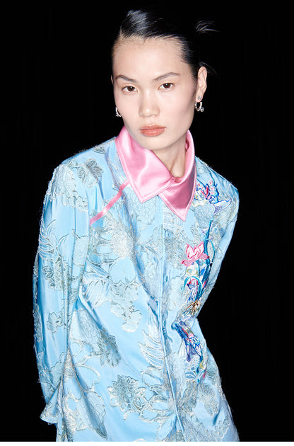 M essential Mackay designer blue pink embroidered contrast lapel shirt pant dress set - halle.