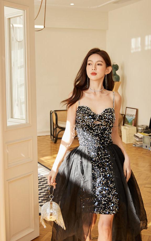 DOLLY Luxury Black Sleeveless Sequin Mesh Ribbon Birthday Dress-CARAMEL