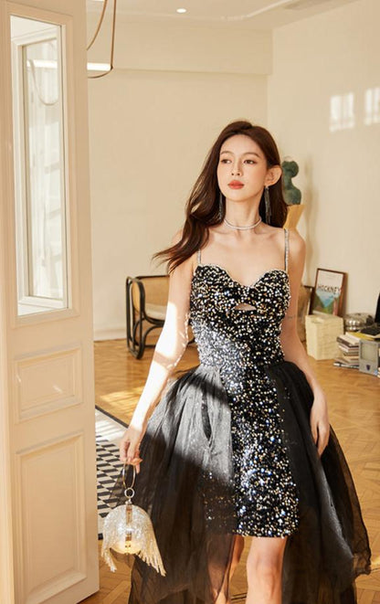 DOLLY Luxury Black Sleeveless Sequin Mesh Ribbon Birthday Dress-CARAMEL