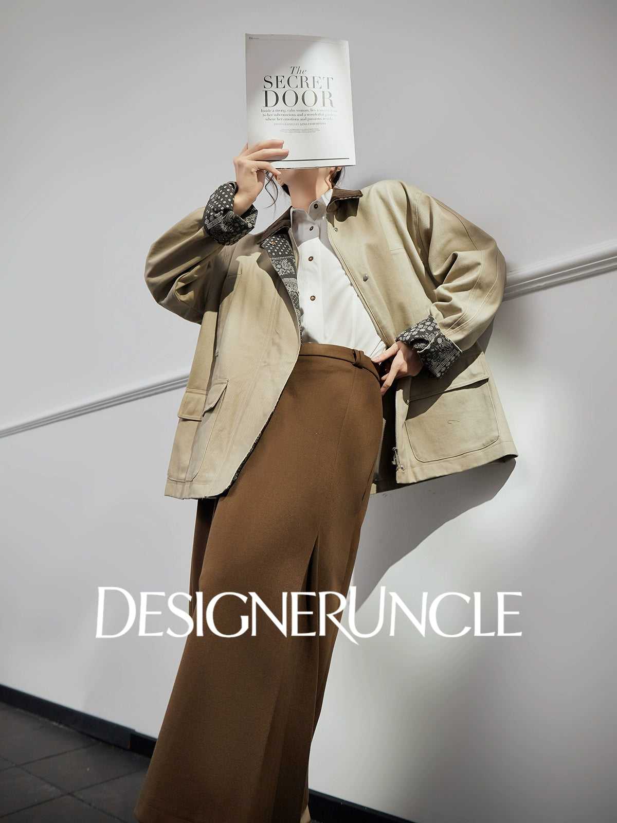 DGU "Mu Brown" retro khaki jacket retro loose slimming versatile top - Wilhelmina.