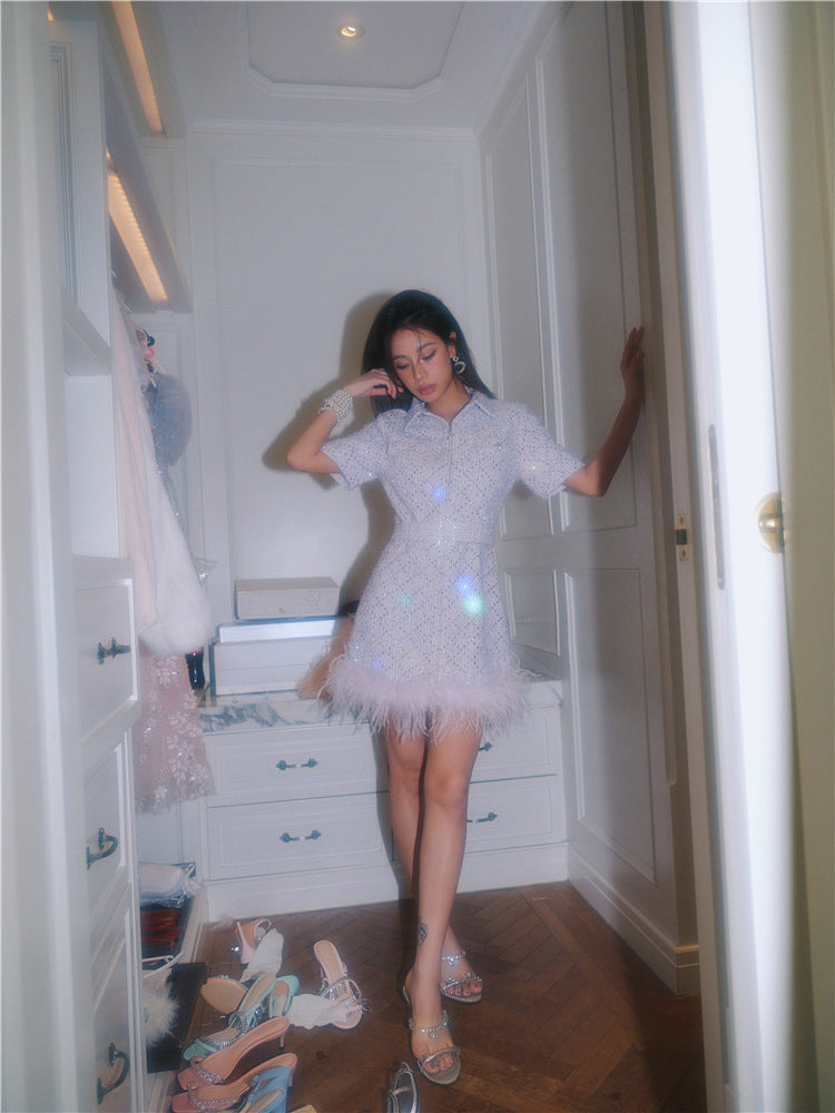 Wardrobes by Chen Elegant Purple Polo Collar Short Sleeve Feather Dress- Boa