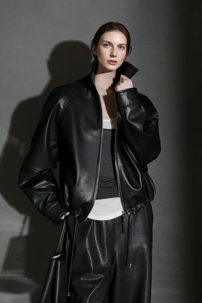 PIAOIN Small lapels short motorcycle leather jacket hem trimmed spring-DAX.