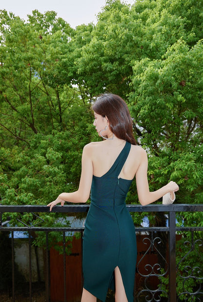 DOLLY High End Deep Green Slant Collar Sleeveless Body Hug Short Dinner Dress-ODETTE