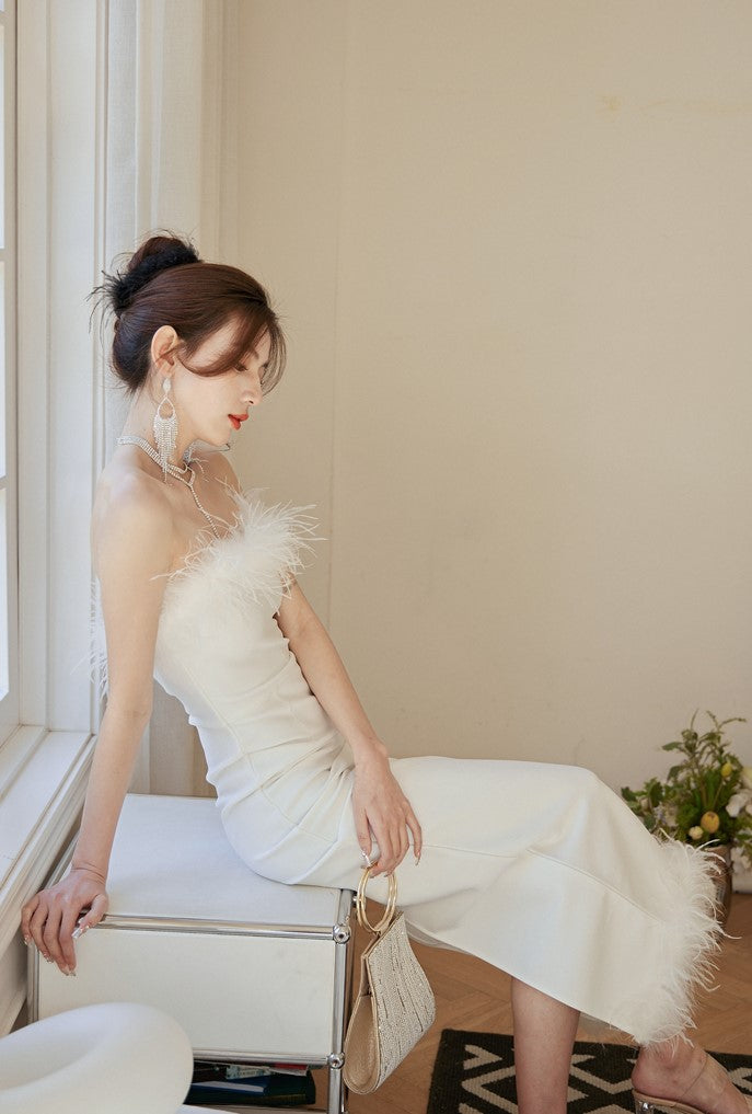 DOLLY Luxury White French Style Sleeveless Feather Tube Top Long Party Dress-HEIDI