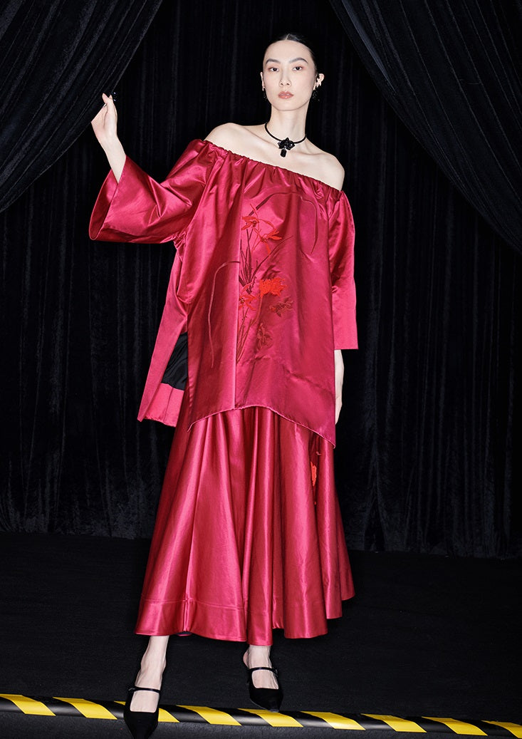 M essential Mackay designer red goldfish bead off shoulder top pleated skirt set- plum.