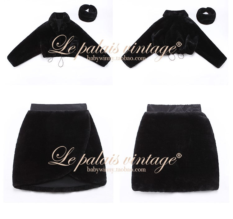 Le Palais Vintage Black Long Sleeves Short Faux Fur Coat and Dinner Skirt Suit-Selena.