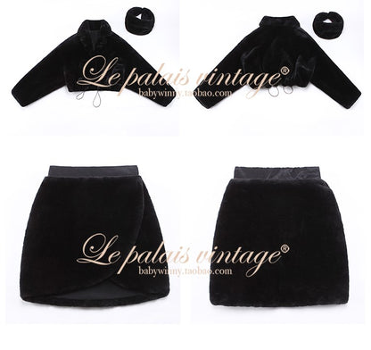 Le Palais Vintage Black Long Sleeves Short Faux Fur Coat and Dinner Skirt Suit-Selena.