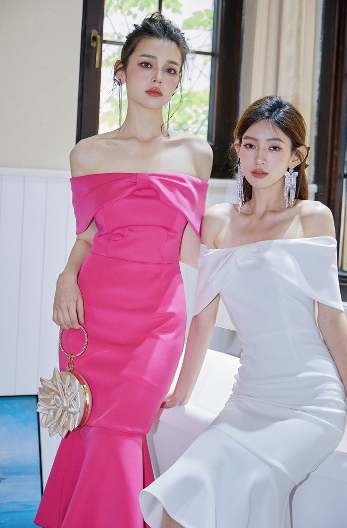 DOLLY High End Off Shoulder Tube Bow Top Body Hug Fish Tail Dinner Dress-IMELDA