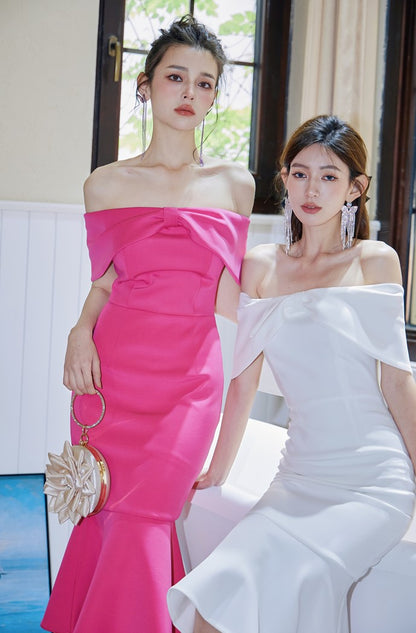 DOLLY High End Off Shoulder Tube Bow Top Body Hug Fish Tail Dinner Dress-IMELDA