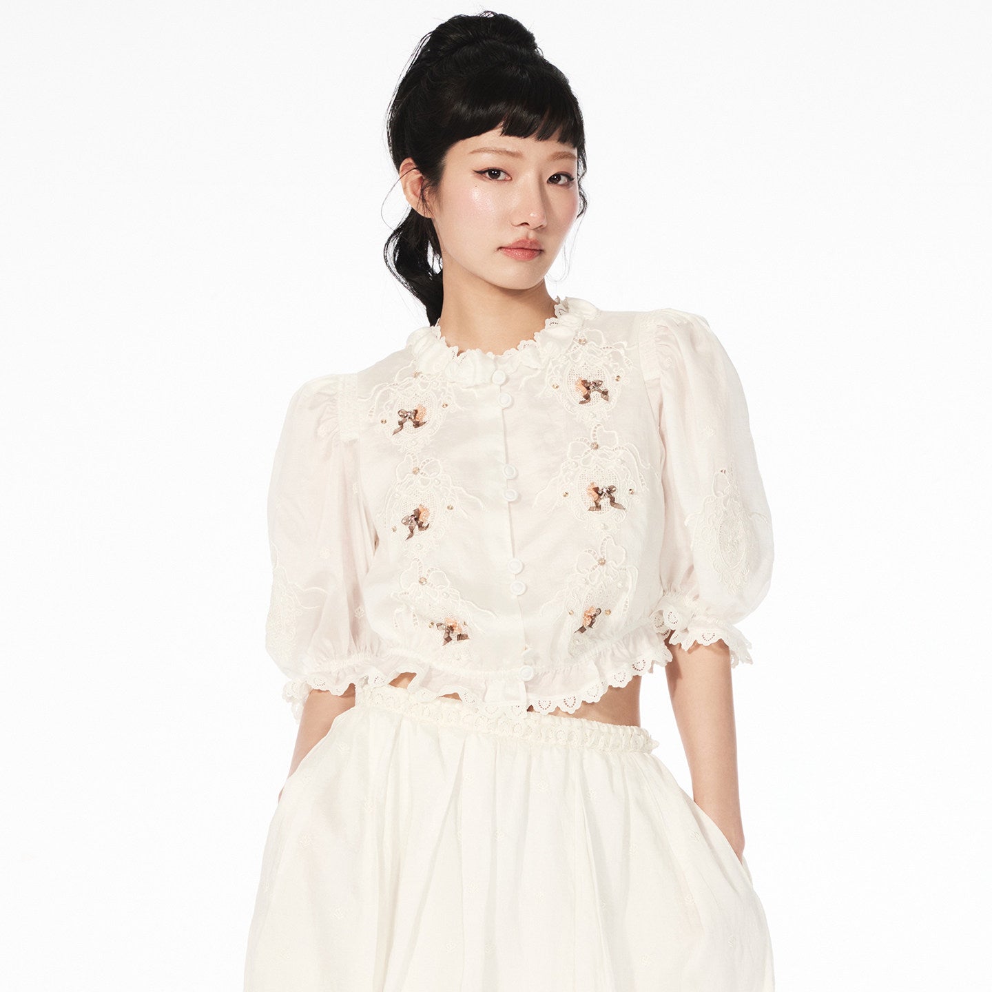 FAME rococo embroidered beaded short-sleeved temperament top - LIAM