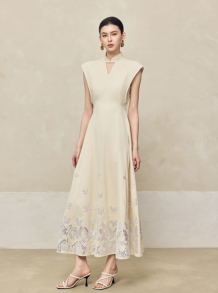 HECO Jacquard Acetate Hollow Stand Collar Thin A-line  Black White Dress Women - WEIGHT.