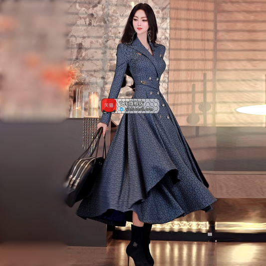 VJE Women's Printed Trench Coat Waist Double-breasted Jacket-JOJO.