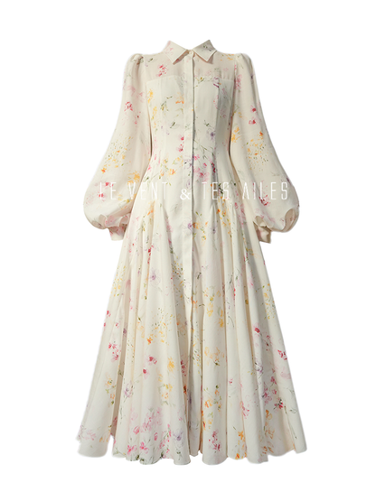 LE VENT&TES AILES Luxury summer vacation floral print Fancy Midi Dress-ZOE