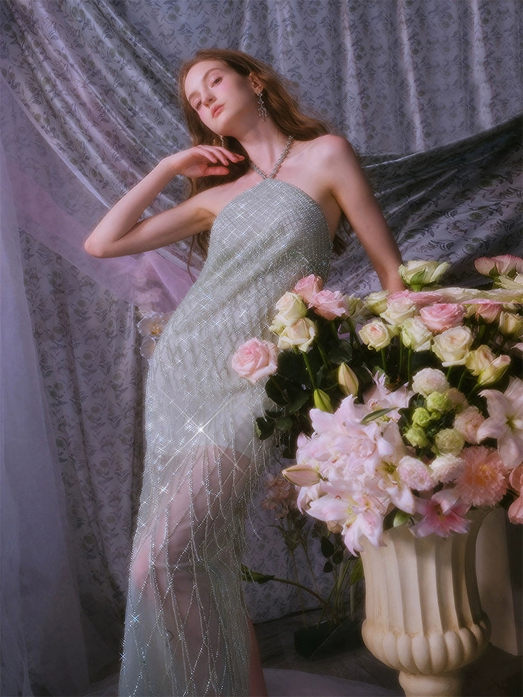 Wardrobes by Chen Elegant Green Halter Tassel cocktail party Dress-Zen