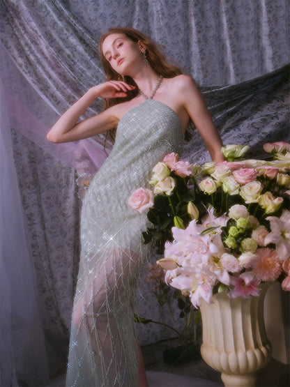 Wardrobes by Chen Elegant Green Halter Tassel cocktail party Dress-Zen