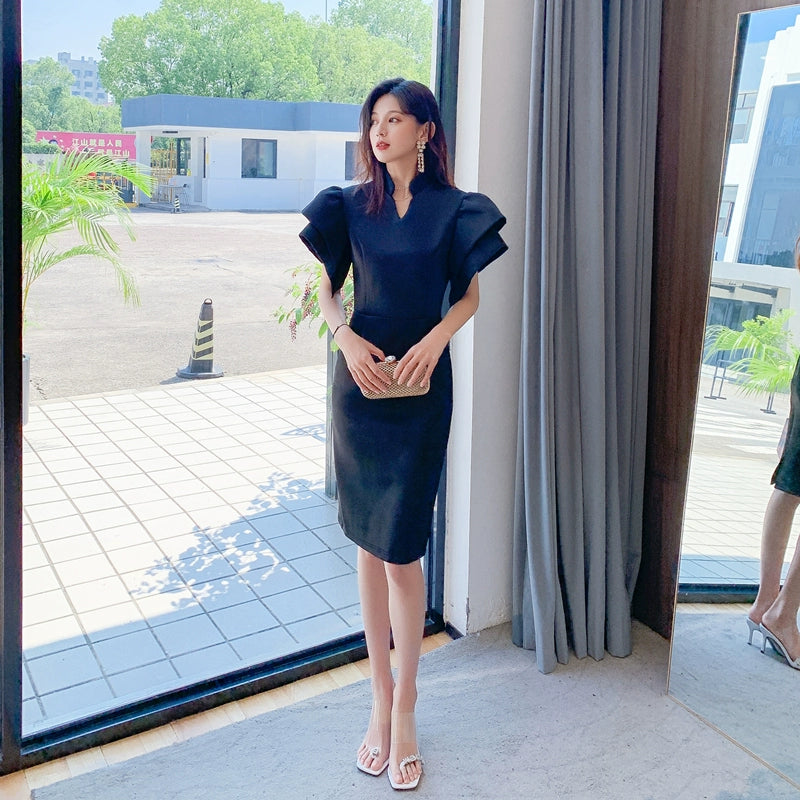 DOLLY Elegant French Style Black Stand Collar Short Sleeve Office Dress-MAMA