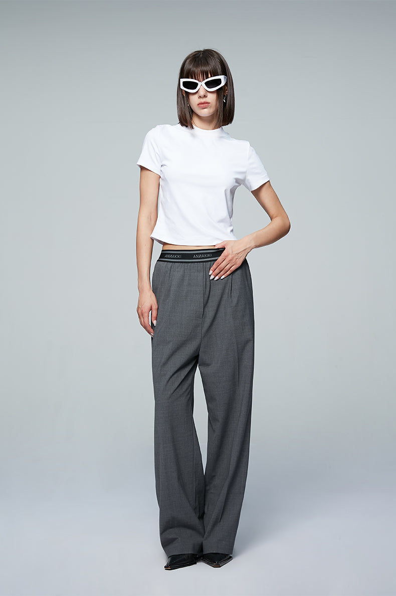 ANNAKIKI designer gray wool elastic waist wide-leg casual trousers-UZUMAKI