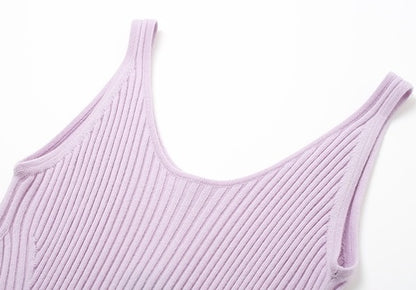 ZHUCHONGYUN Purple Ribbed Sleeveless Straight Sheep Wool Knit Maxi Dress-IVIS.