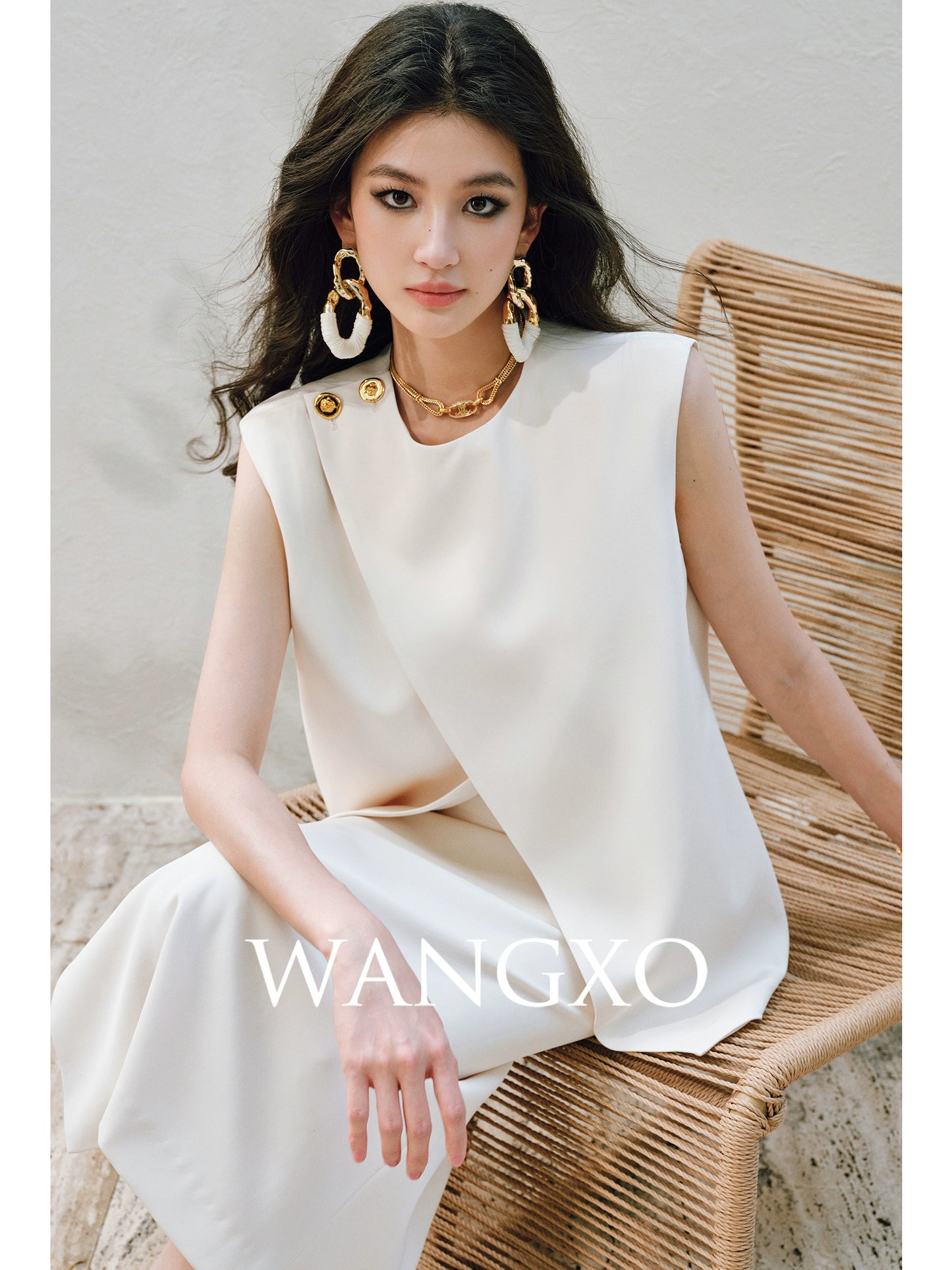 WANGXO | Imported Twisted Drape Fabric Elegant Commuter-Style Diagonal Placket with Loose Pleated Slit Vest & Skirt Suit Set -NALA