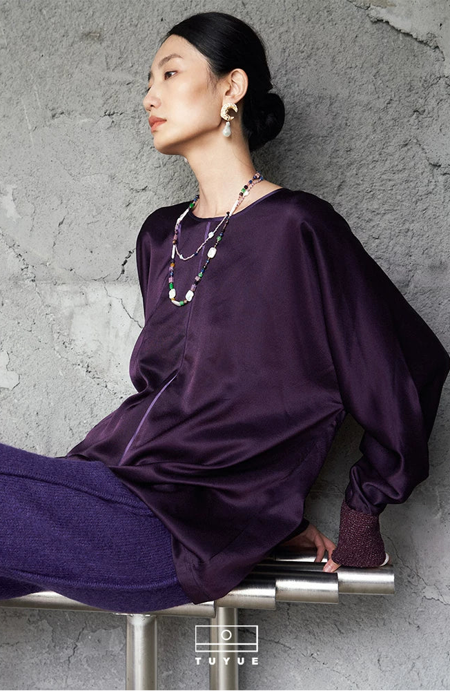 TUYUE Purple Acetate Satin Loose Silhouette Long-sleeved Top-ALANA