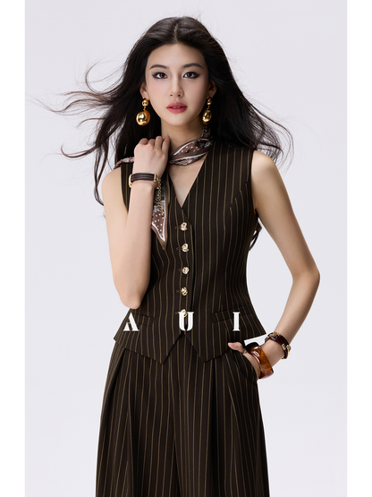 AUI Mocha Mousse Sleeveless V-Neck Striped Vest Suit Pants - Seo-ah