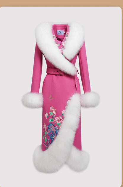 Magic Q Stunning rose-red pink heavy embroidered white fox fur double-sided wool coat - Taihu  ( V )