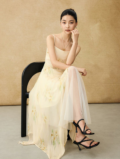 HECO Chinese Style Silk Chiffon Slip Summer Water Ripple Print Long Skirt - PEKKER.