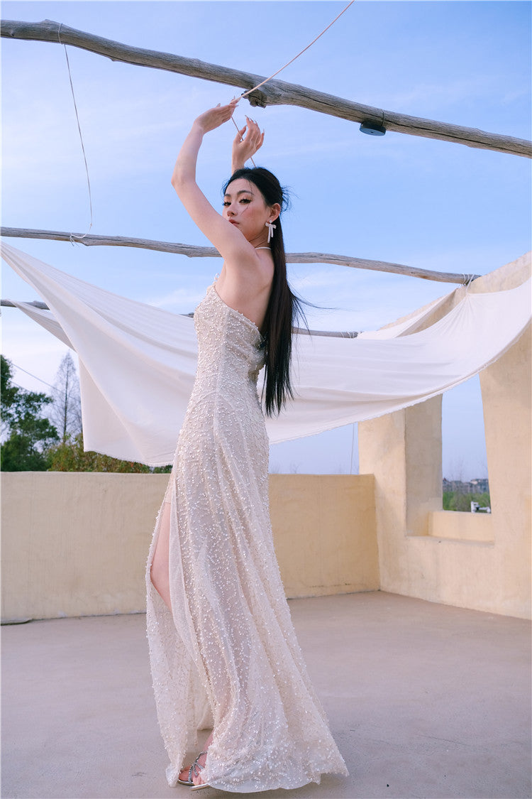 Wardrobes by Chen Luxury French Embroidered Butterfly Halter neck slick Dress- Kara