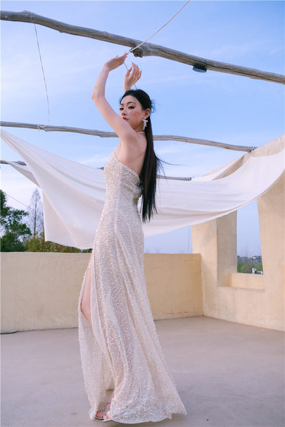 Wardrobes by Chen Luxury French Embroidered Butterfly Halter neck slick Dress- Kara