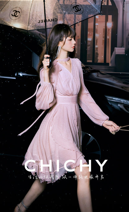 CHICHY French Gentle Long Sleeve V-Neck Pink Dress-KANA
