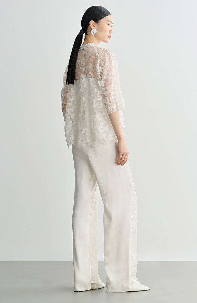 COMME MOI Silk Embroidered Panelled Straight white Pants - ISAIAH.