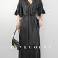 Huanzi high-end satin black V-neck slim pleated dress - Nigoi