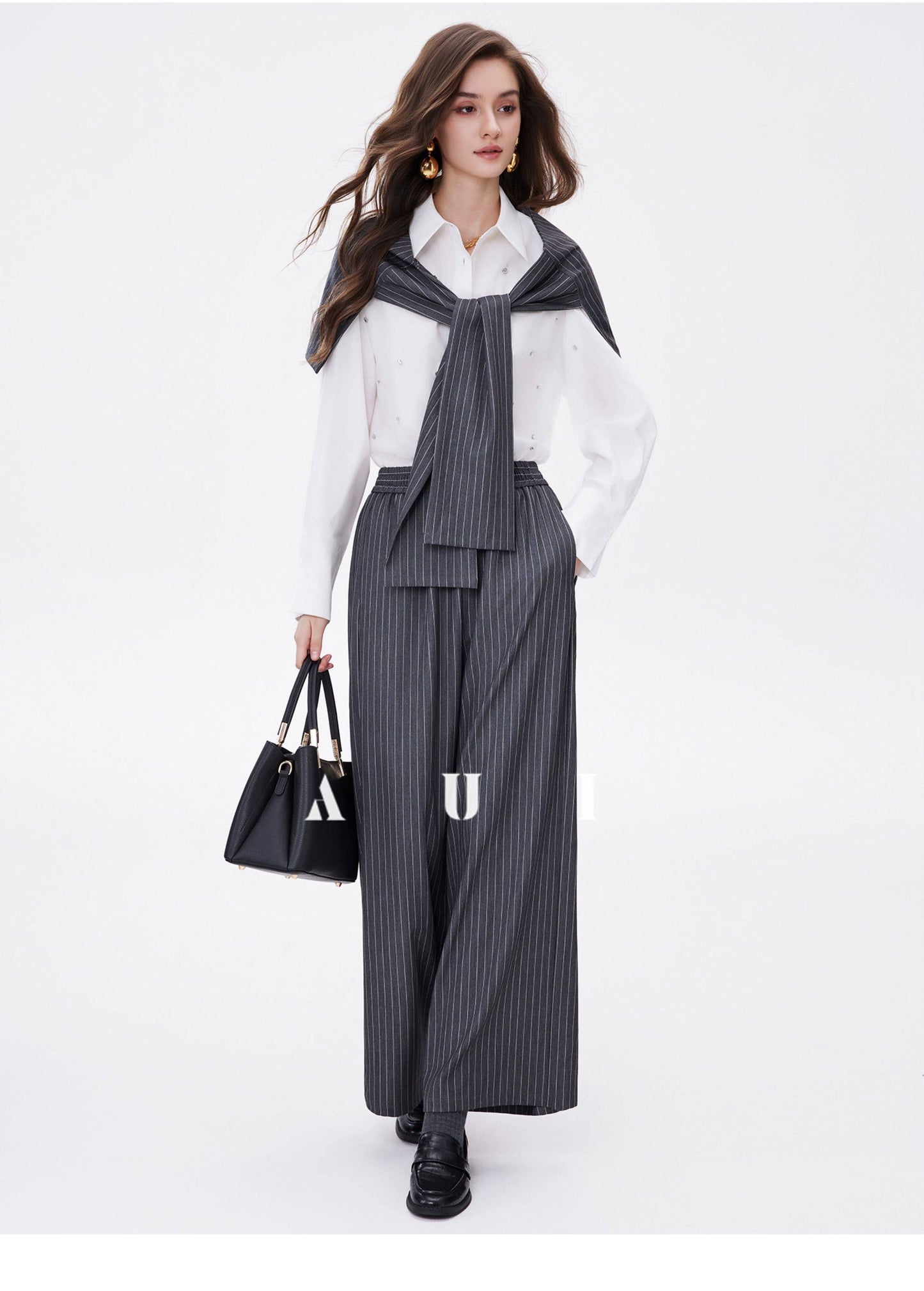 AUI Gray Striped High Intelligence Suit Wide-leg Temperament Loose Pants - Ji-woo