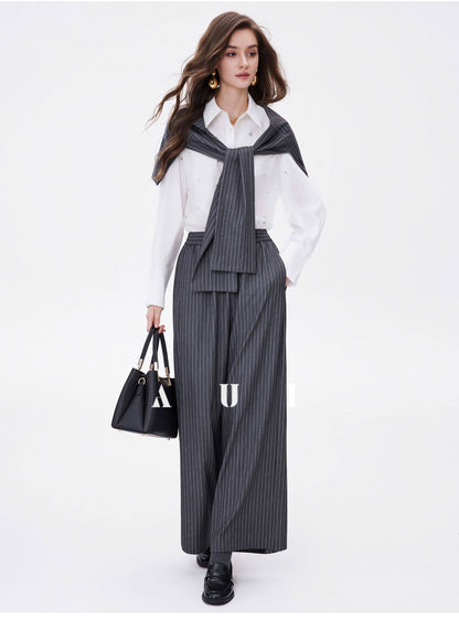 AUI Gray Striped High Intelligence Suit Wide-leg Temperament Loose Pants - Ji-woo