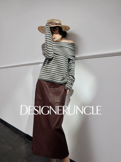 DGU| Dark gray knitted striped slanted shoulder buttons loose design pullover top - Joseph.