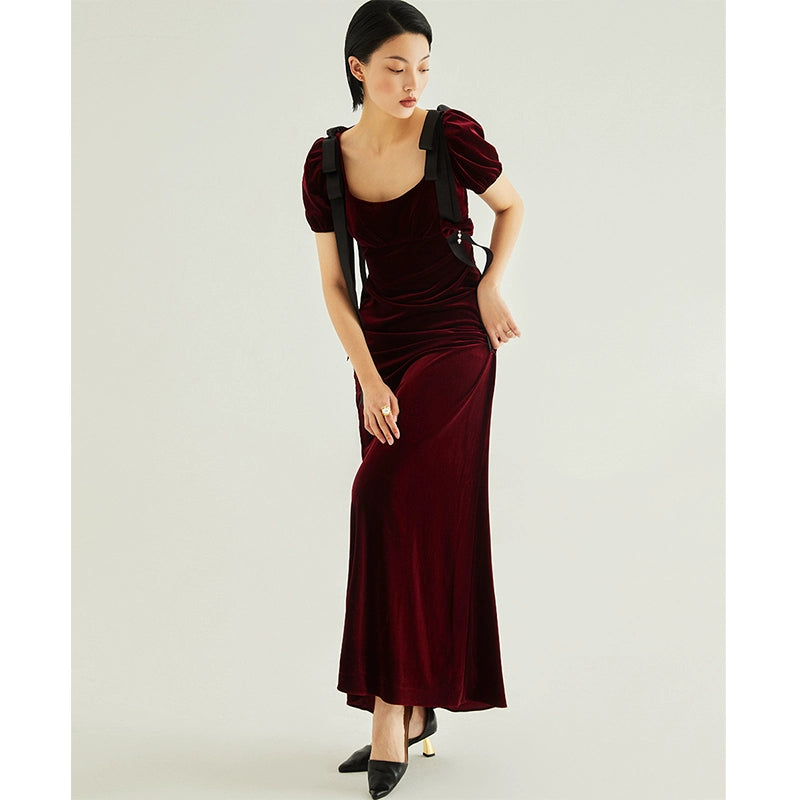 GOUDIN female burgundy velvet long high-end banquet evening dress-LIAM.