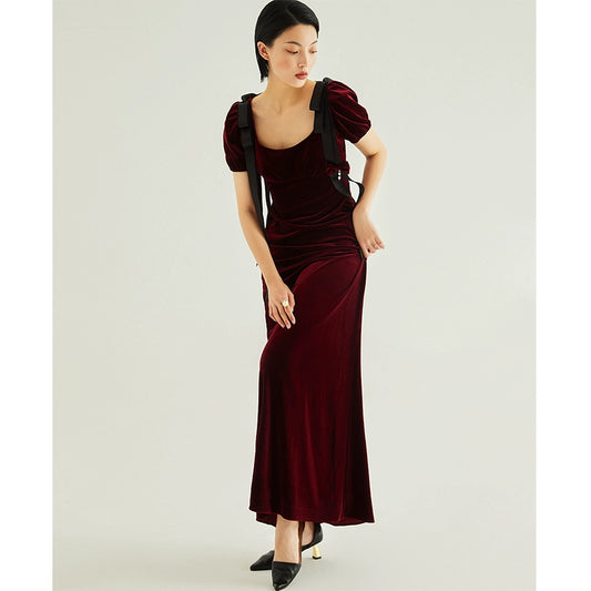 GOUDIN female burgundy velvet long high-end banquet evening dress-LIAM.
