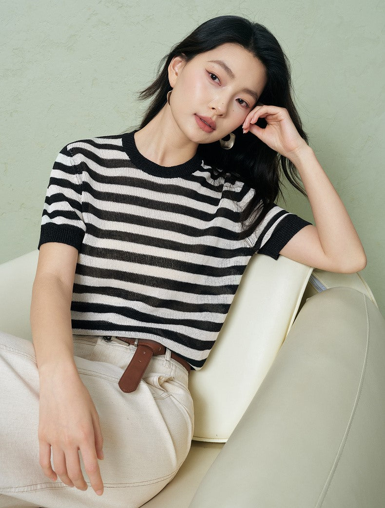 SUSHE light hollow texture striped short-sleeved knit sweater new stretch loose top -BESS