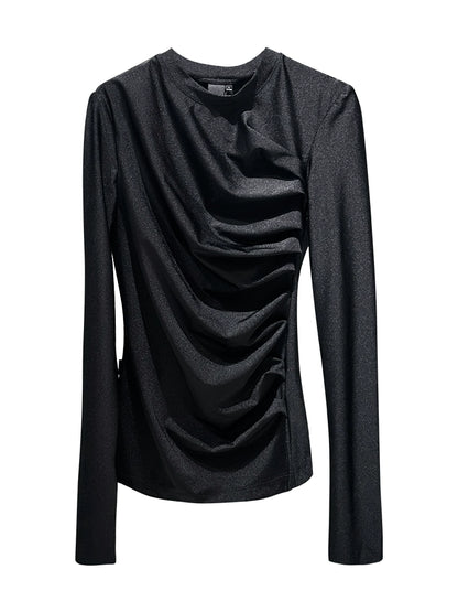 ANNAKIKI black pleated texture long-sleeved  top for women-VENUS