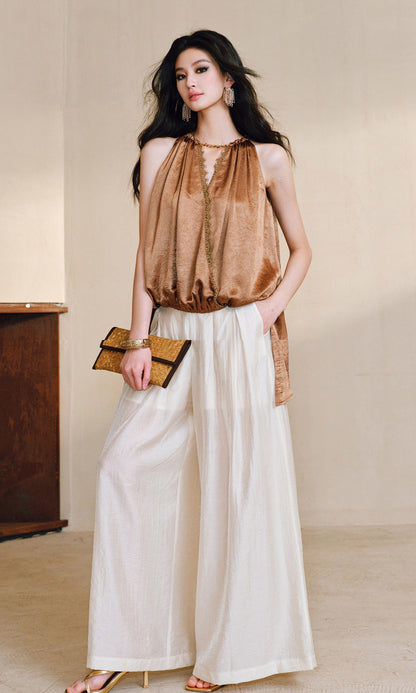 WANGXO| Acetate  Lace-Trimmed Metal Chain Halterneck V-Neck Pleated Top -AYRA.