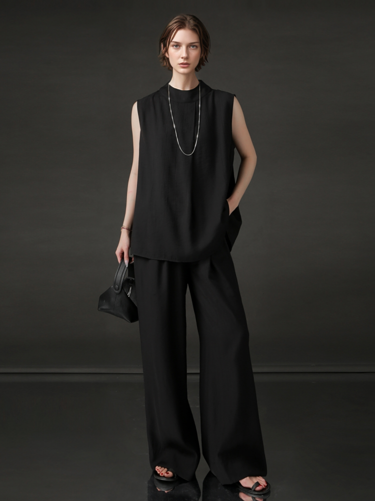PIAOIN texture linen silk stand up collar sleeveless t-shirt women's straight pants - ARIA