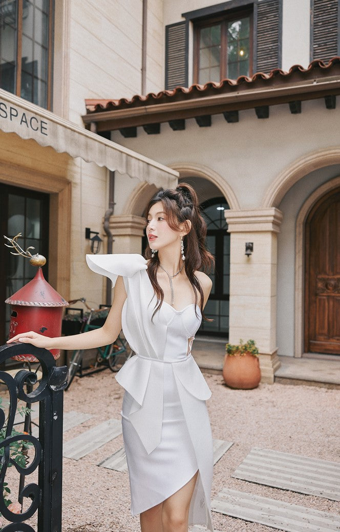 DOLLY Elegant Ruffled Off Shoulder Hollow Waist Irregular Hem Dinner Dress-NINA