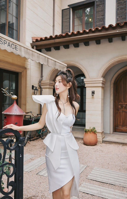 DOLLY Elegant Ruffled Off Shoulder Hollow Waist Irregular Hem Dinner Dress-NINA