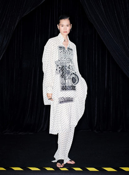 M essential Mackay designer Fubo tulle printed pavé embroidery stand-up collar shirt - LOVE.