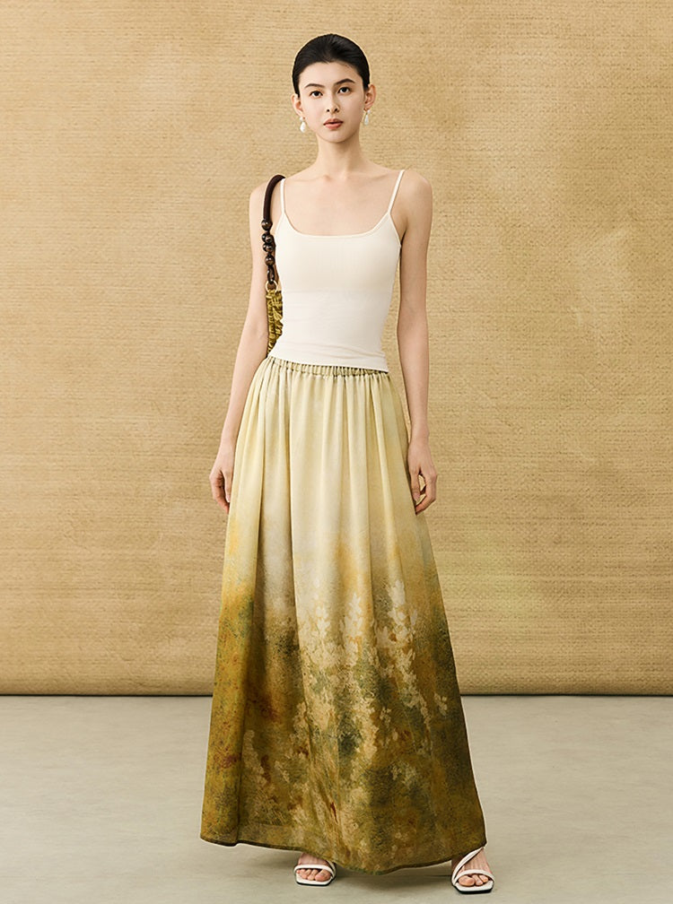 HECO Chinese Gradient Blended Lightweight Summer Print High-Waisted Skirt - AVEL.