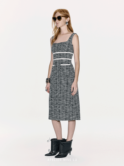 ATELIER MISS LU Contrasting Stitching Small Fragrance Waist Dress - SILVER.