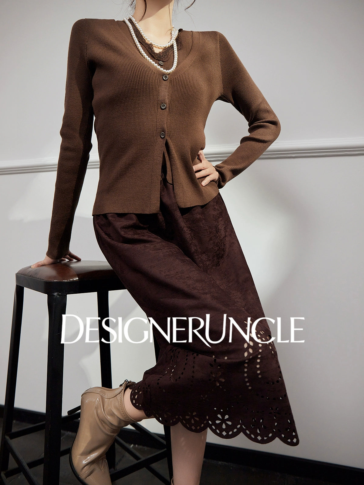 DGU|Floral Coffee Color New Hollow Design Versatile Slimming and Skirt - BLED.