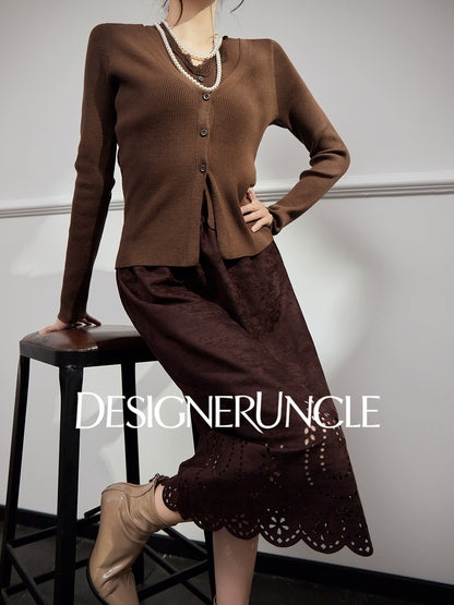 DGU|Floral Coffee Color New Hollow Design Versatile Slimming and Skirt - BLED.